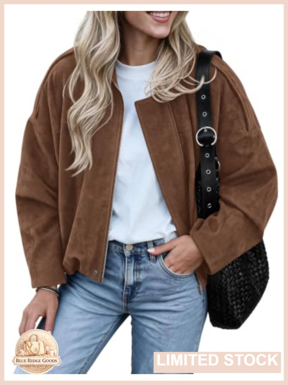 Faux Suede Cropped Bomber Jacket Batwing Sleeve Zip Up Casual
